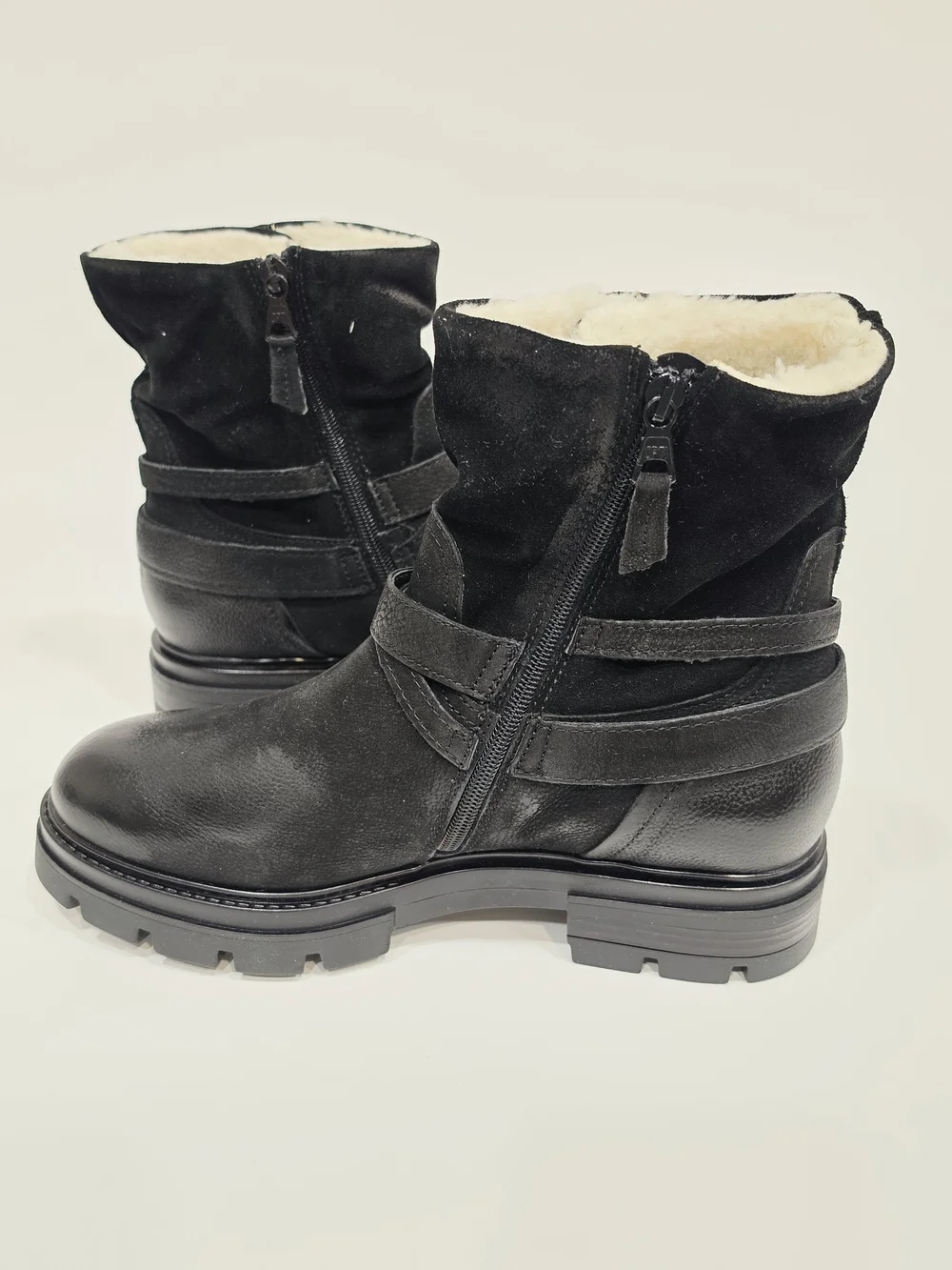 Miz Mooz Bonney Black Leather Shearling-Cuff Buckle Booties US 10.5/EU 41